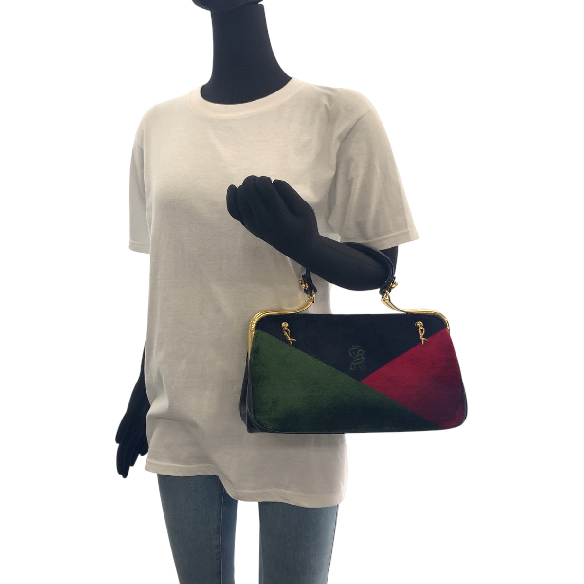 16534
Roberta di Camerino ロベルタ ディ カメリーノ ヴィンテージ ブラック 黒 グリーン レッド ゴールド金具 ベロア ハンドバッグ  レディース A33