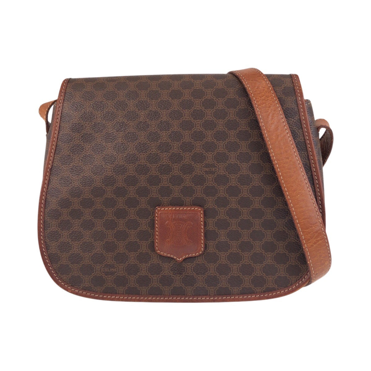 16537
CELINE セリーヌ マカダム ブラウン ゴールド金具 PVC / レザー M13 ショルダーバッグ ポシェット  レディース AB14