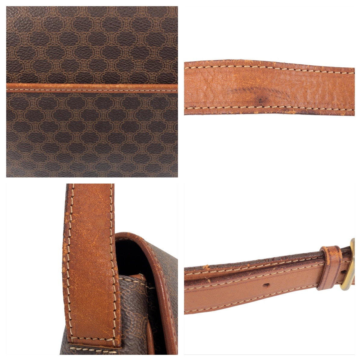 16537
CELINE セリーヌ マカダム ブラウン ゴールド金具 PVC / レザー M13 ショルダーバッグ ポシェット  レディース AB14