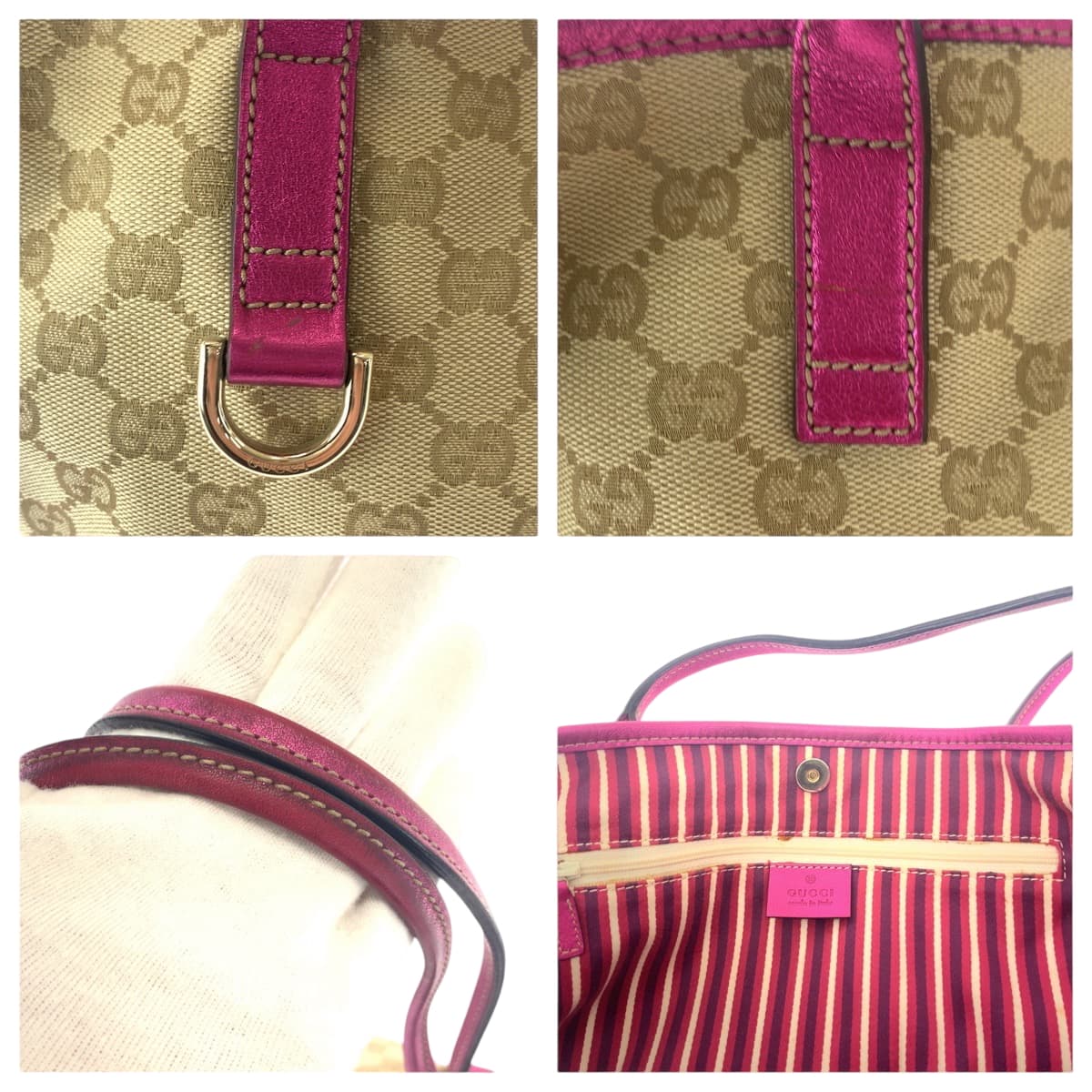 16540
GUCCI グッチ ニューブリット ベージュ ピンク ゴールド金具 GGキャンバス 169946 トートバッグ ショルダーバッグ  レディース