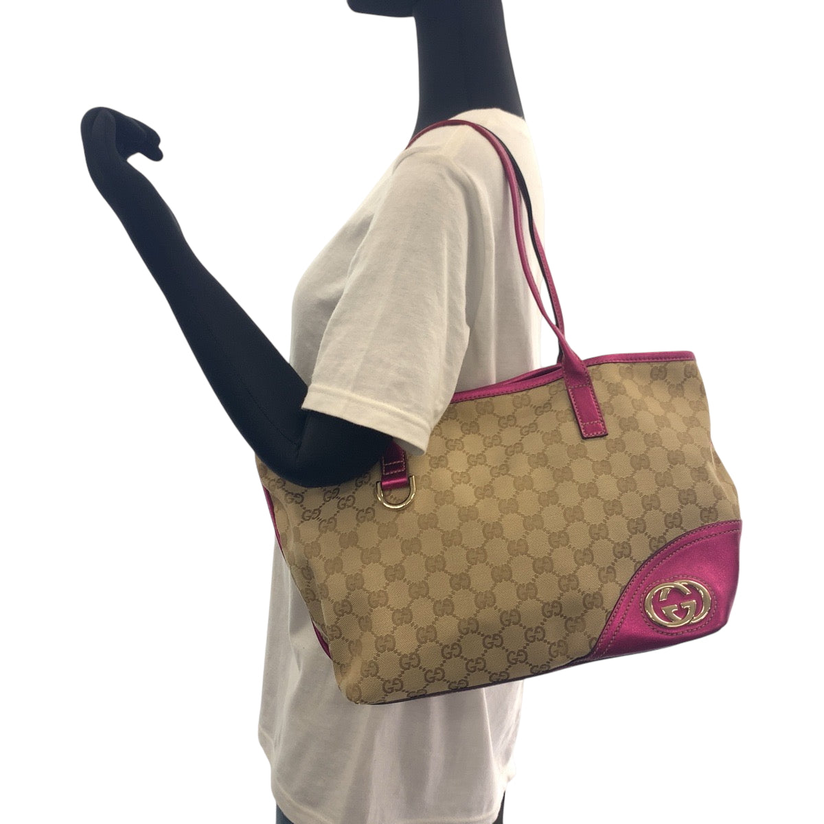 16540
GUCCI グッチ ニューブリット ベージュ ピンク ゴールド金具 GGキャンバス 169946 トートバッグ ショルダーバッグ  レディース ABP39