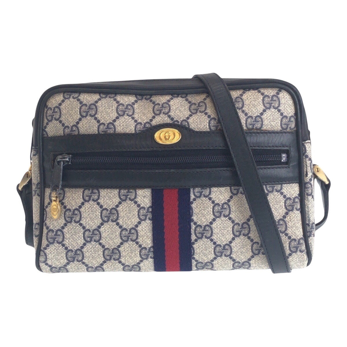 16541
GUCCI グッチ ヴィンテージ シェリーライン オールドグッチ グレー ネイビー ゴールド金具 GGスプリームキャンバス / レザー 010 378 ショルダーバッグ ポシェット  レディース AB40