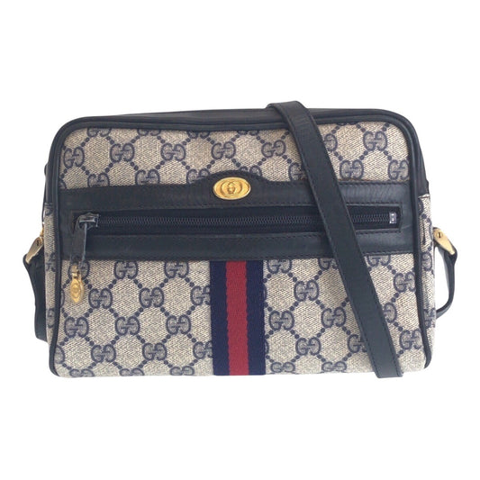 16541
GUCCI グッチ ヴィンテージ シェリーライン オールドグッチ グレー ネイビー ゴールド金具 GGスプリームキャンバス / レザー 010 378 ショルダーバッグ ポシェット  レディース AB40
