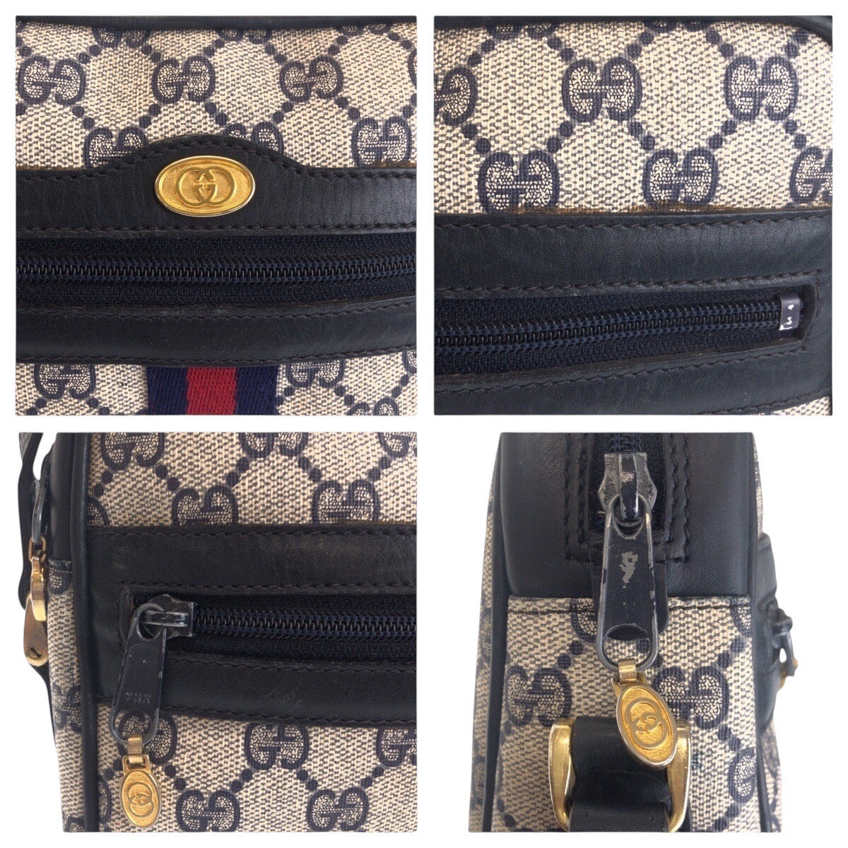 16541
GUCCI グッチ ヴィンテージ シェリーライン オールドグッチ グレー ネイビー ゴールド金具 GGスプリームキャンバス / レザー 010 378 ショルダーバッグ ポシェット  レディース AB40