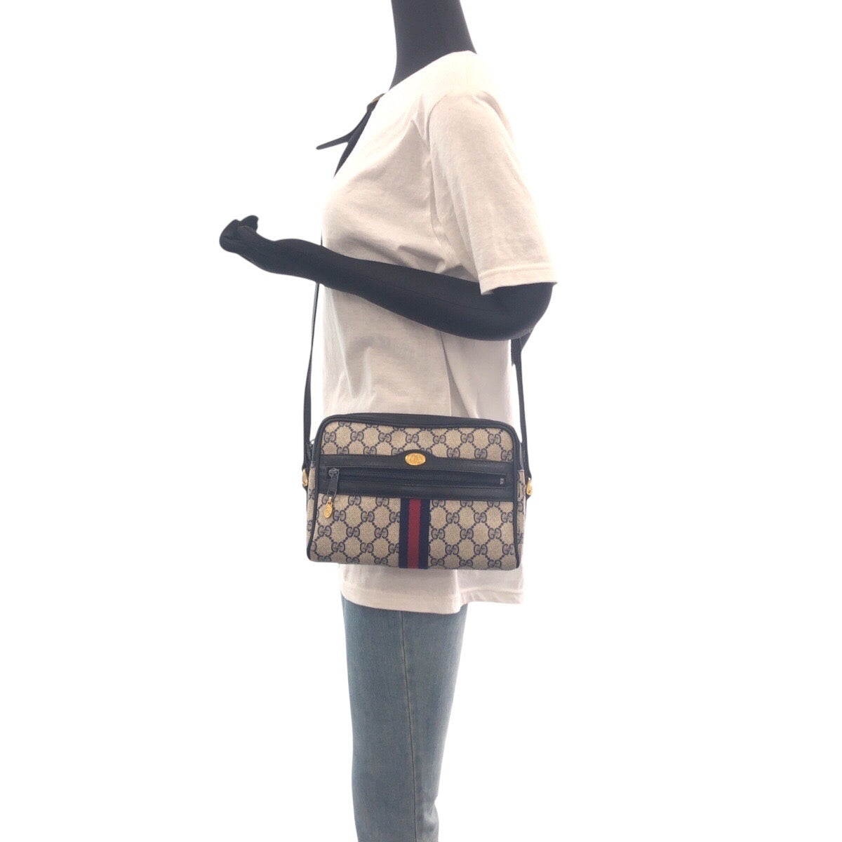 16541
GUCCI グッチ ヴィンテージ シェリーライン オールドグッチ グレー ネイビー ゴールド金具 GGスプリームキャンバス / レザー 010 378 ショルダーバッグ ポシェット  レディース AB40