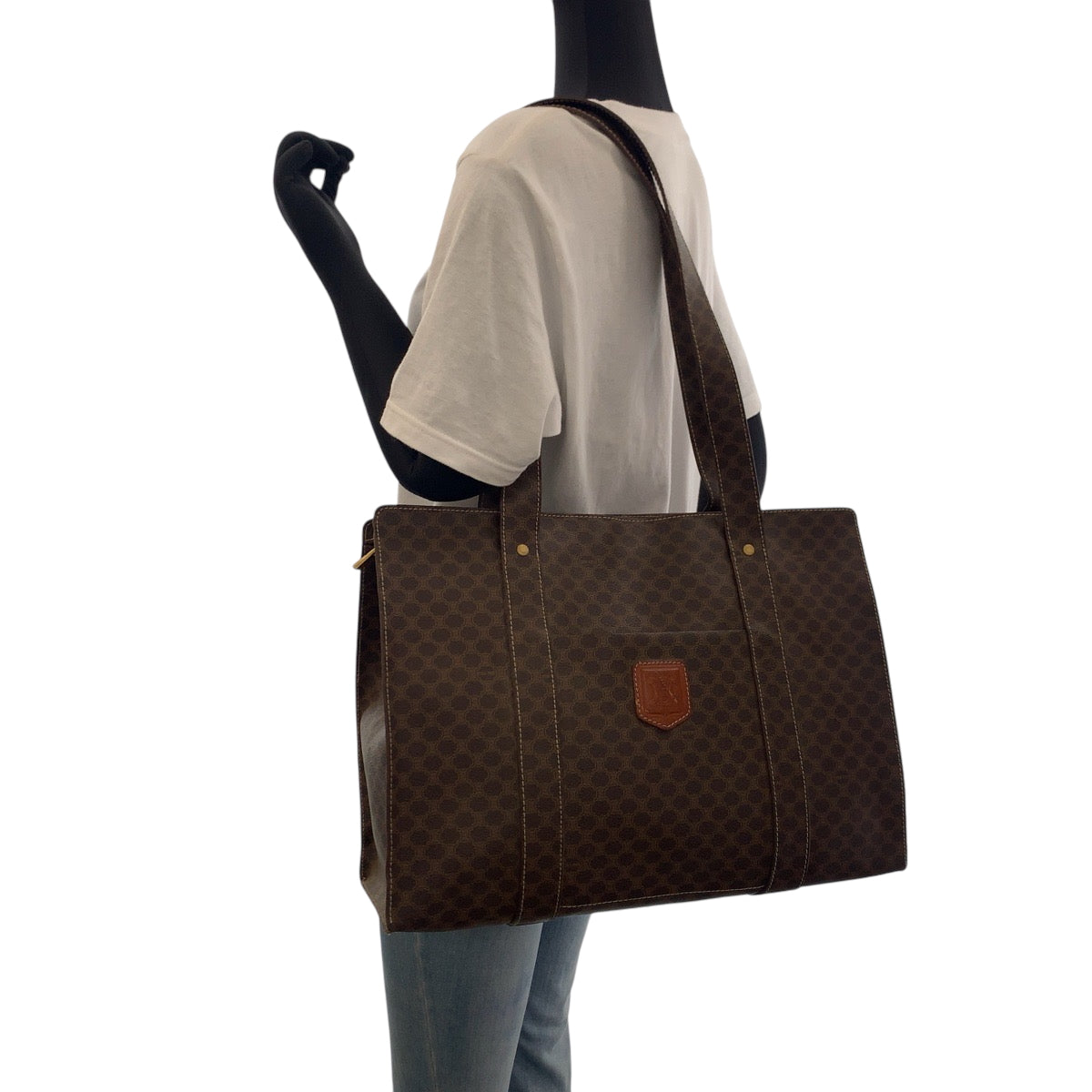 16543
CELINE セリーヌ ヴィンテージ マカダム柄 ブラウン ゴールド金具 PVC MC96 トートバッグ ショルダーバッグ レディース AB35