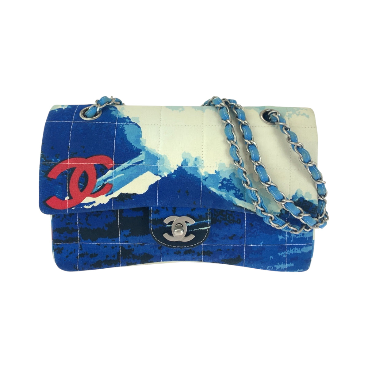 16552
CHANEL シャネル ヴィンテージ 2002 サーフライン チョコバー ココマーク ターンロック ブルー ホワイト マルチカラー シルバー金具 キャンバス チェーンショルダーバッグ レディース AB650