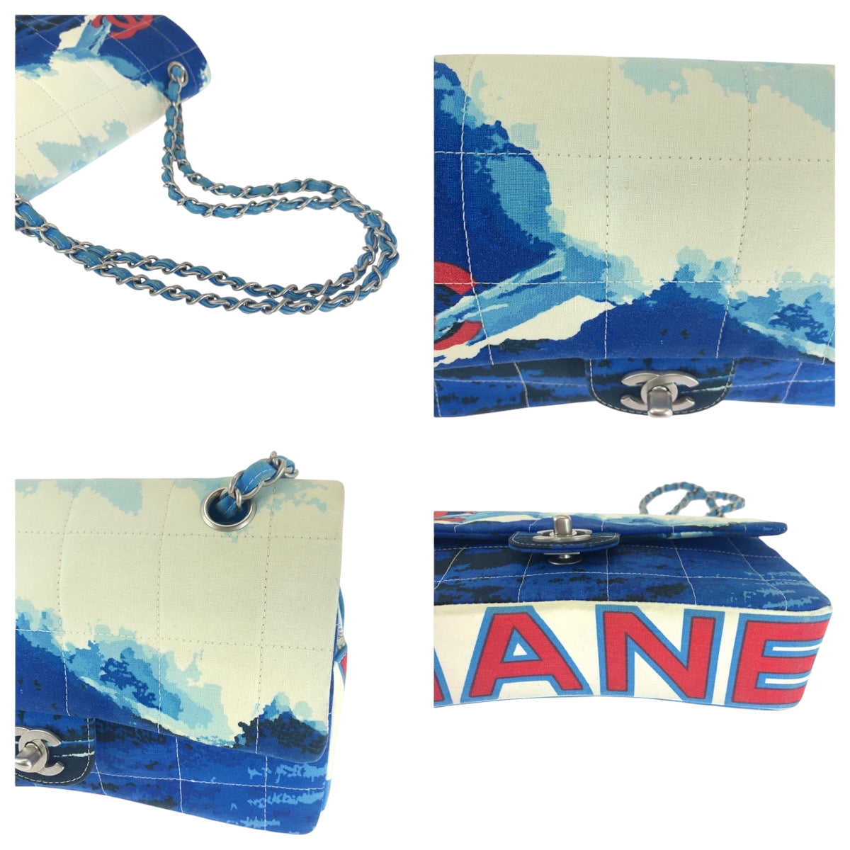 16552
CHANEL シャネル ヴィンテージ 2002 サーフライン チョコバー ココマーク ターンロック ブルー ホワイト マルチカラー シルバー金具 キャンバス チェーンショルダーバッグ レディース AB650