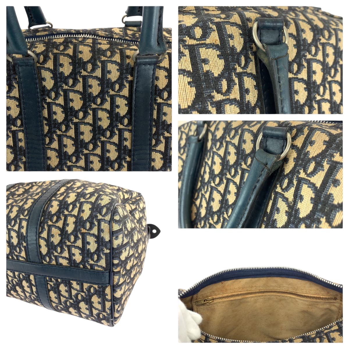 16557
Dior ディオール ヴィンテージ トロッター ネイビー ベージュ シルバー金具 キャンバス ハンドバッグ ミニボストンバッグ  レディース