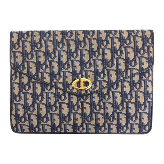 16558
Christian Dior クリスチャンディオール トロッター ネイビー ゴールド金具 キャンバス クラッチバッグ  レディース