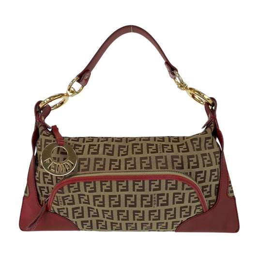 16562
FENDI フェンディ ズッキーノ ブラウン レッド ゴールド金具 キャンバス / レザー ハンドバッグ ショルダーバッグ  レディース