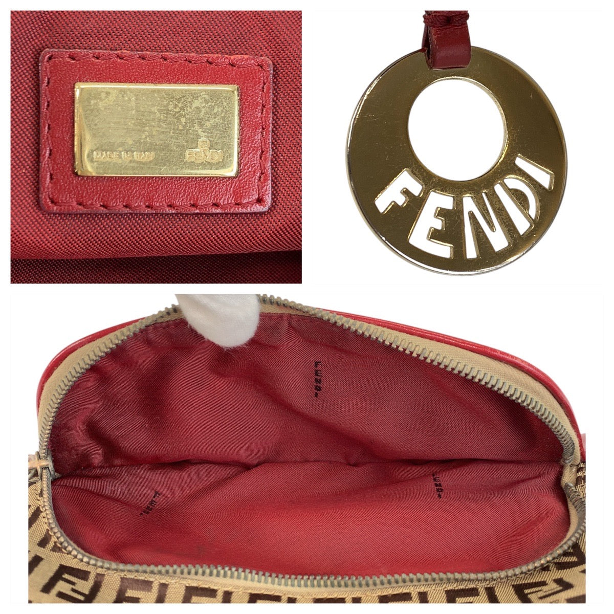 16562
FENDI フェンディ ズッキーノ ブラウン レッド ゴールド金具 キャンバス / レザー ハンドバッグ ショルダーバッグ  レディース