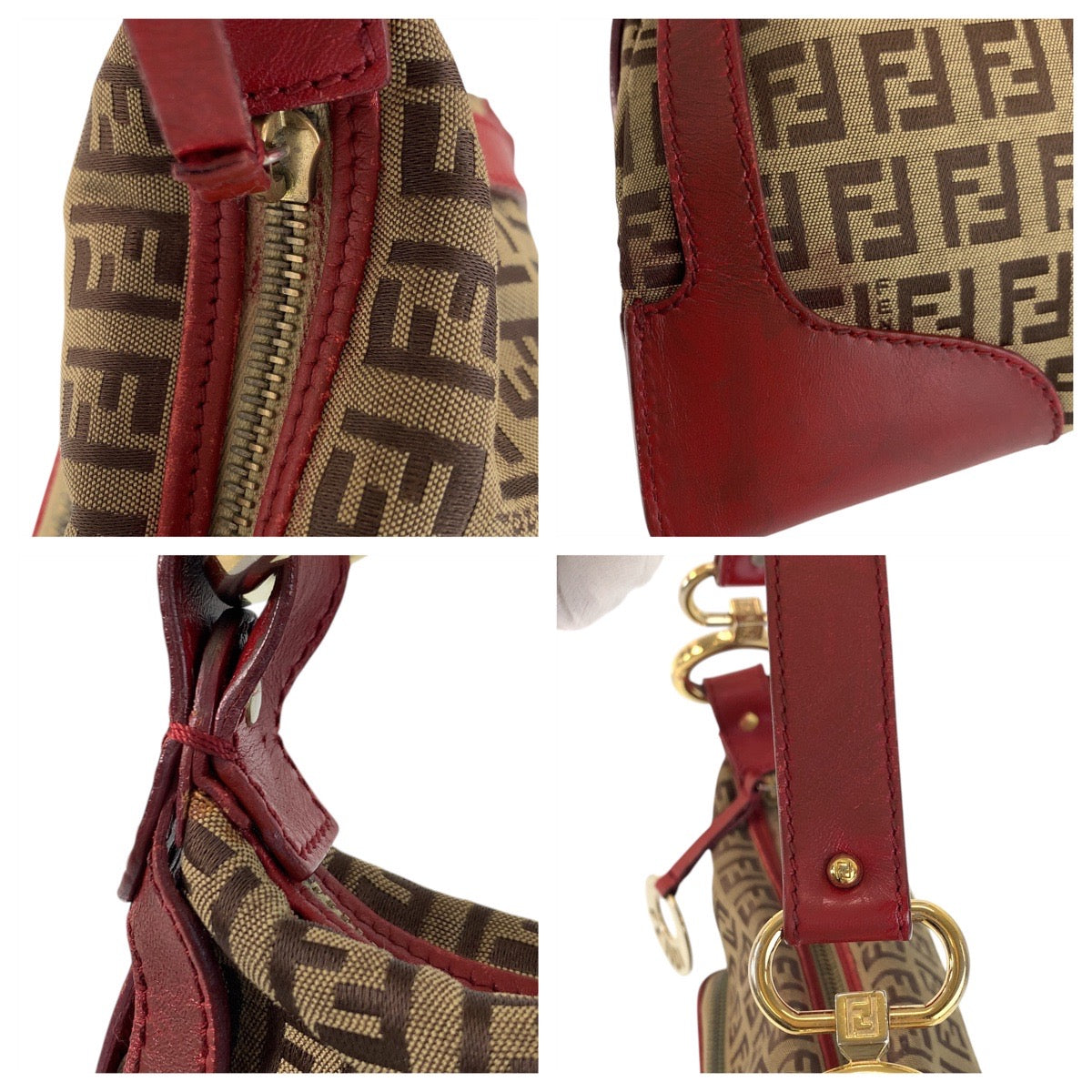 16562
FENDI フェンディ ズッキーノ ブラウン レッド ゴールド金具 キャンバス / レザー ハンドバッグ ショルダーバッグ  レディース