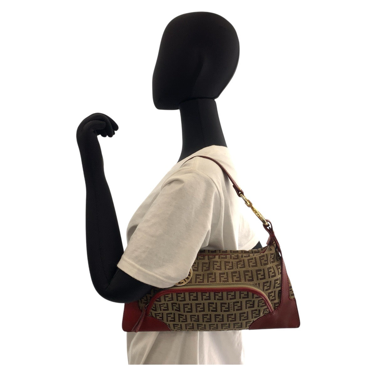 16562
FENDI フェンディ ズッキーノ ブラウン レッド ゴールド金具 キャンバス / レザー ハンドバッグ ショルダーバッグ  レディース