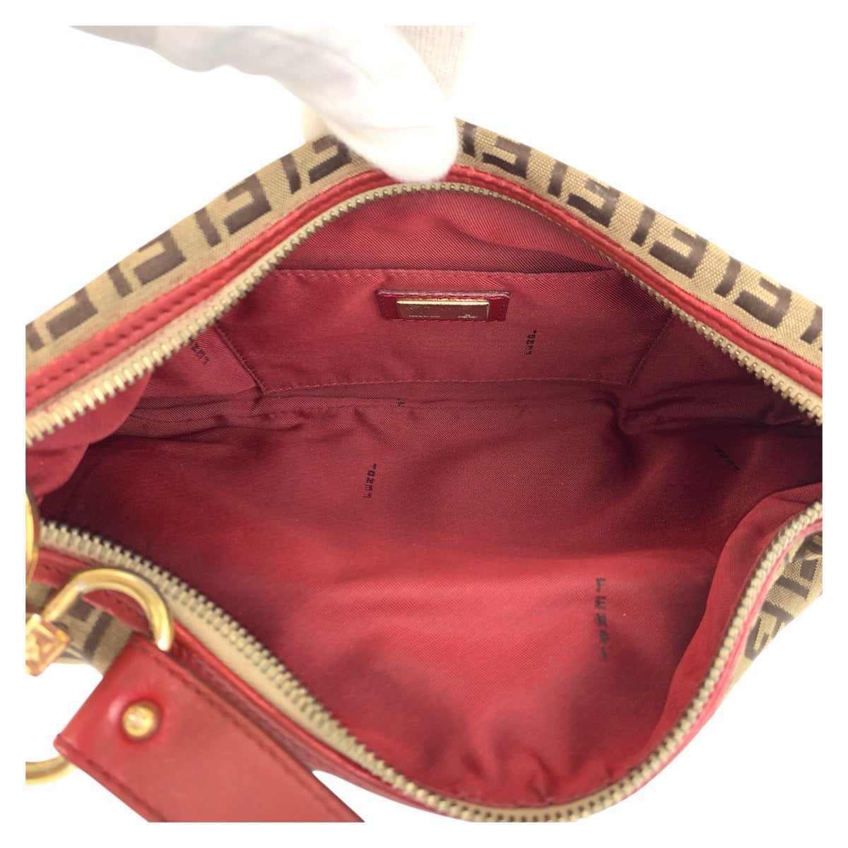 16562
FENDI フェンディ ズッキーノ ブラウン レッド ゴールド金具 キャンバス / レザー ハンドバッグ ショルダーバッグ  レディース