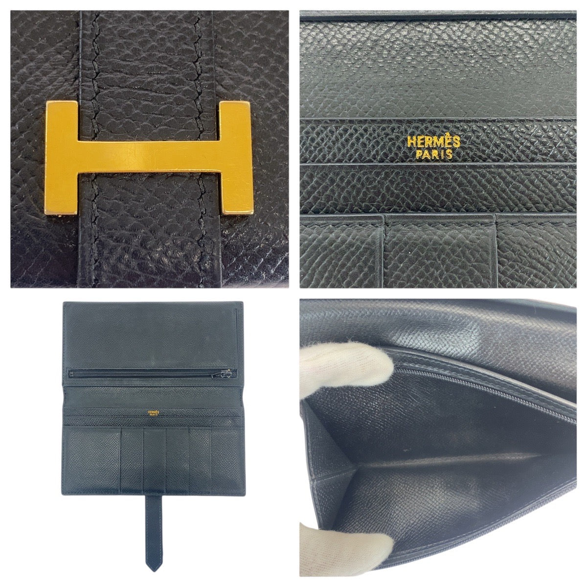 16576
HERMES エルメス べアン ブラック 黒 ゴールド金具 ボックスカーフ 長財布 ロングウォレット 男女兼用 □B刻印  レディース ABP48