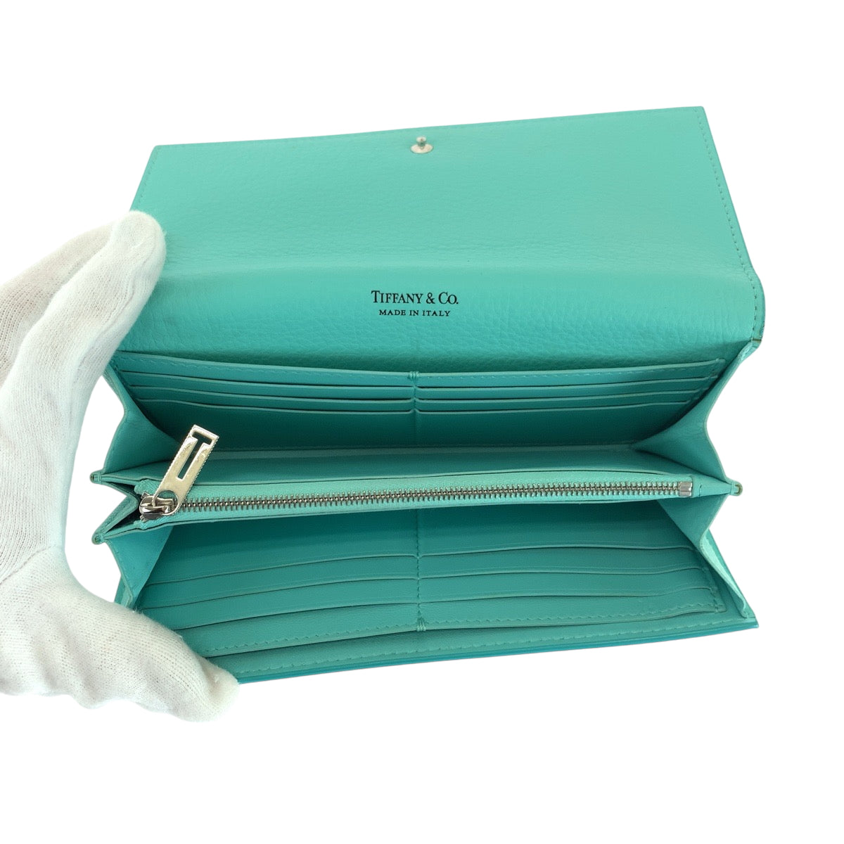 16579
TIFFANY&Co. ティファニー コンチネンタル ティファニーブルー シルバー金具 レザー 長財布 ロングウォレット レディース ABP33