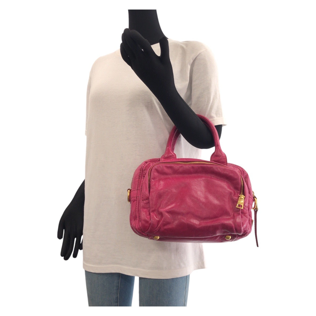 16586
PRADA プラダ 三角ロゴプレート ピンク ゴールド金具 レザー トートバッグ ショルダーバッグ 2way  レディース AB48