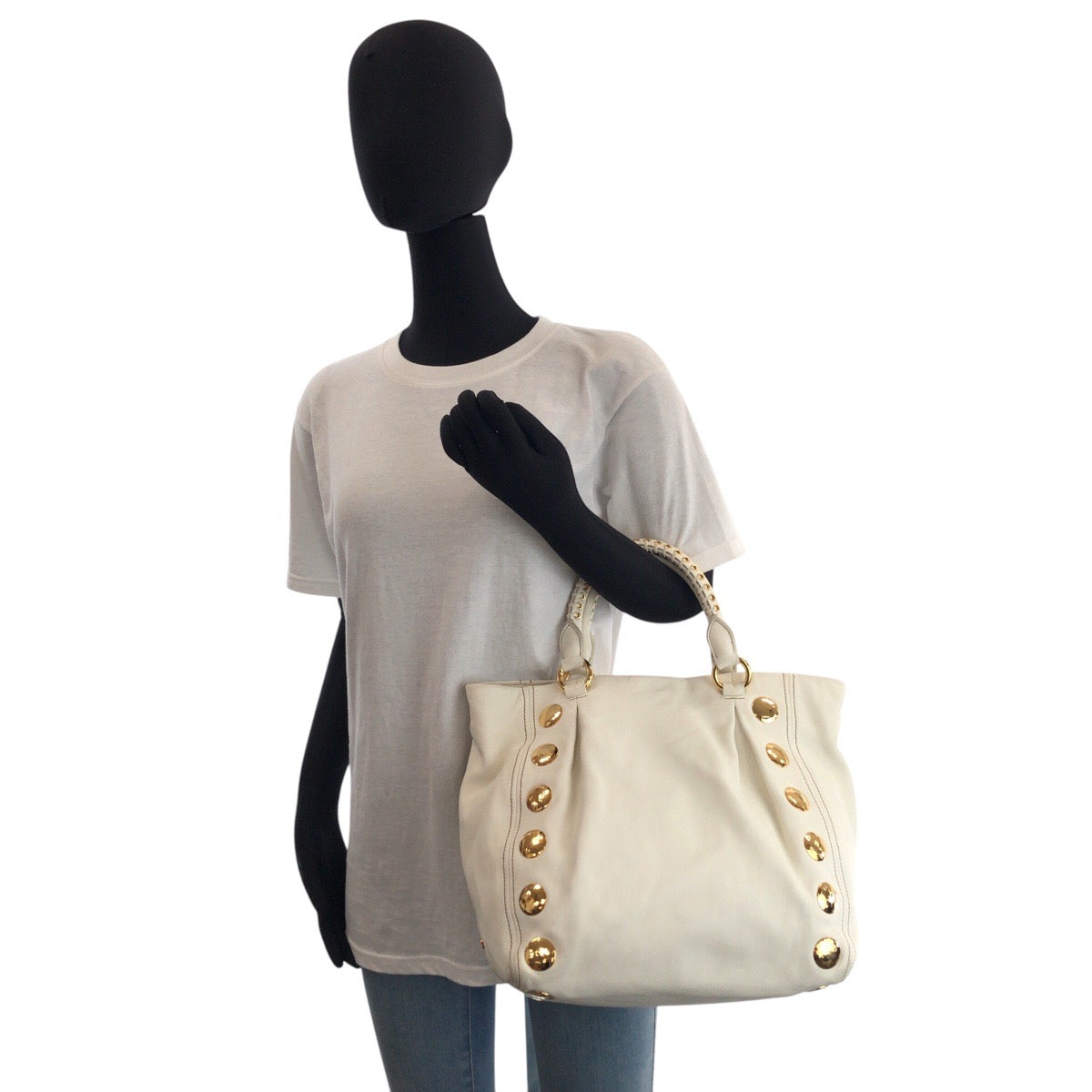 16591
Miu Miu ミュウ ミュウ ホワイト ゴールド金具 レザー トートバッグ ショルダーバッグ 2way  レディース AB48