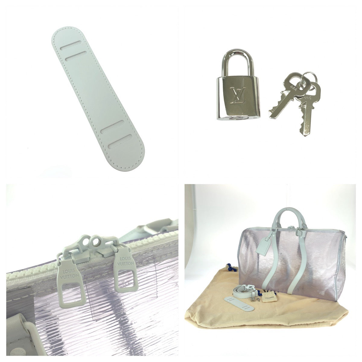 16618
LOUIS VUITTON ルイ ヴィトン エピ プラージュ キーポル50 バンドリエール 男女兼用 クリア ホワイト金具 ビニール M55814 ボストンバッグ ショルダーバッグ メンズ SA220