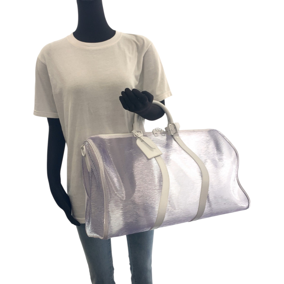 16618
LOUIS VUITTON ルイ ヴィトン エピ プラージュ キーポル50 バンドリエール 男女兼用 クリア ホワイト金具 ビニール M55814 ボストンバッグ ショルダーバッグ メンズ SA220