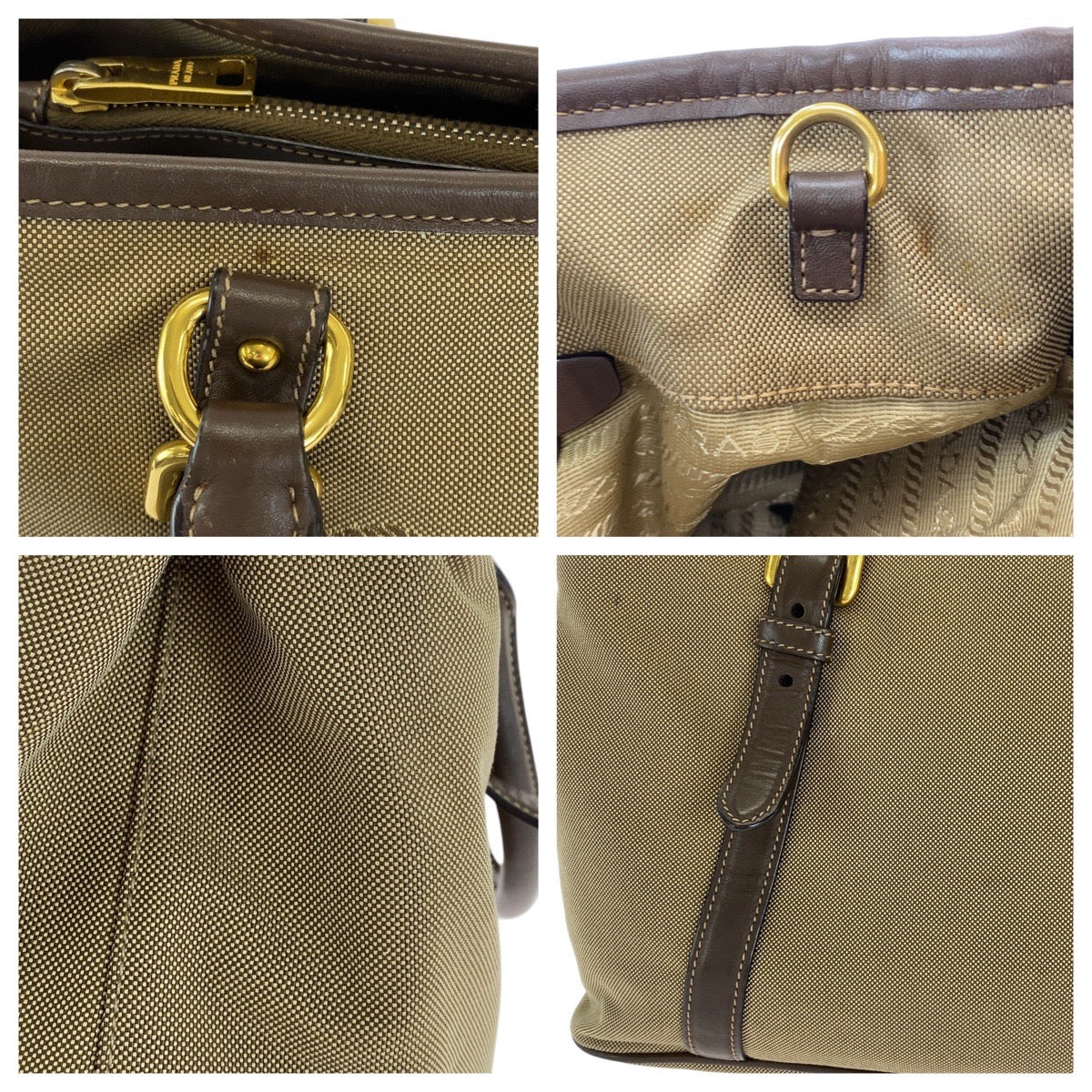 16626
PRADA プラダ ロゴジャガード 三角ロゴプレート カーキ ブラウン ゴールド金具 キャンバス / レザー トートバッグ ショルダーバッグ レディース ABP46