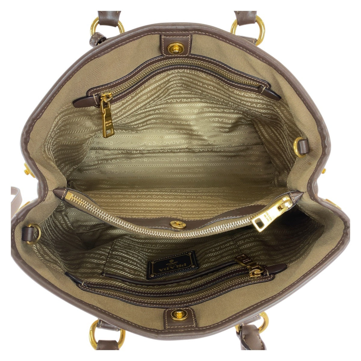 16626
PRADA プラダ ロゴジャガード 三角ロゴプレート カーキ ブラウン ゴールド金具 キャンバス / レザー トートバッグ ショルダーバッグ  レディース ABP46