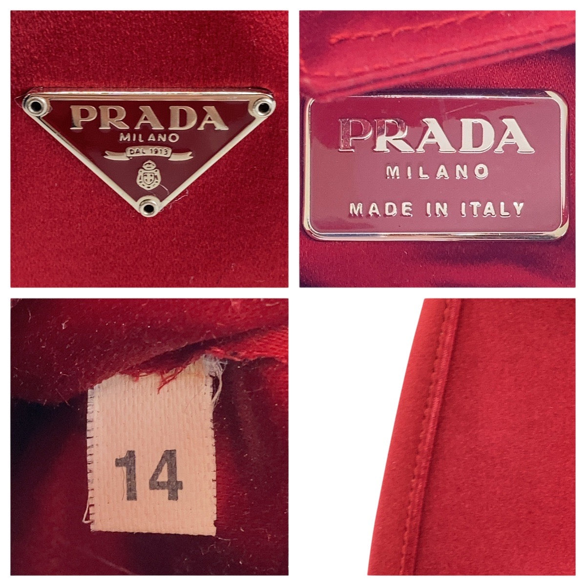 16632
PRADA プラダ 三角ロゴプレート レッド シルバー金具 サテン ショルダーバッグ  レディース