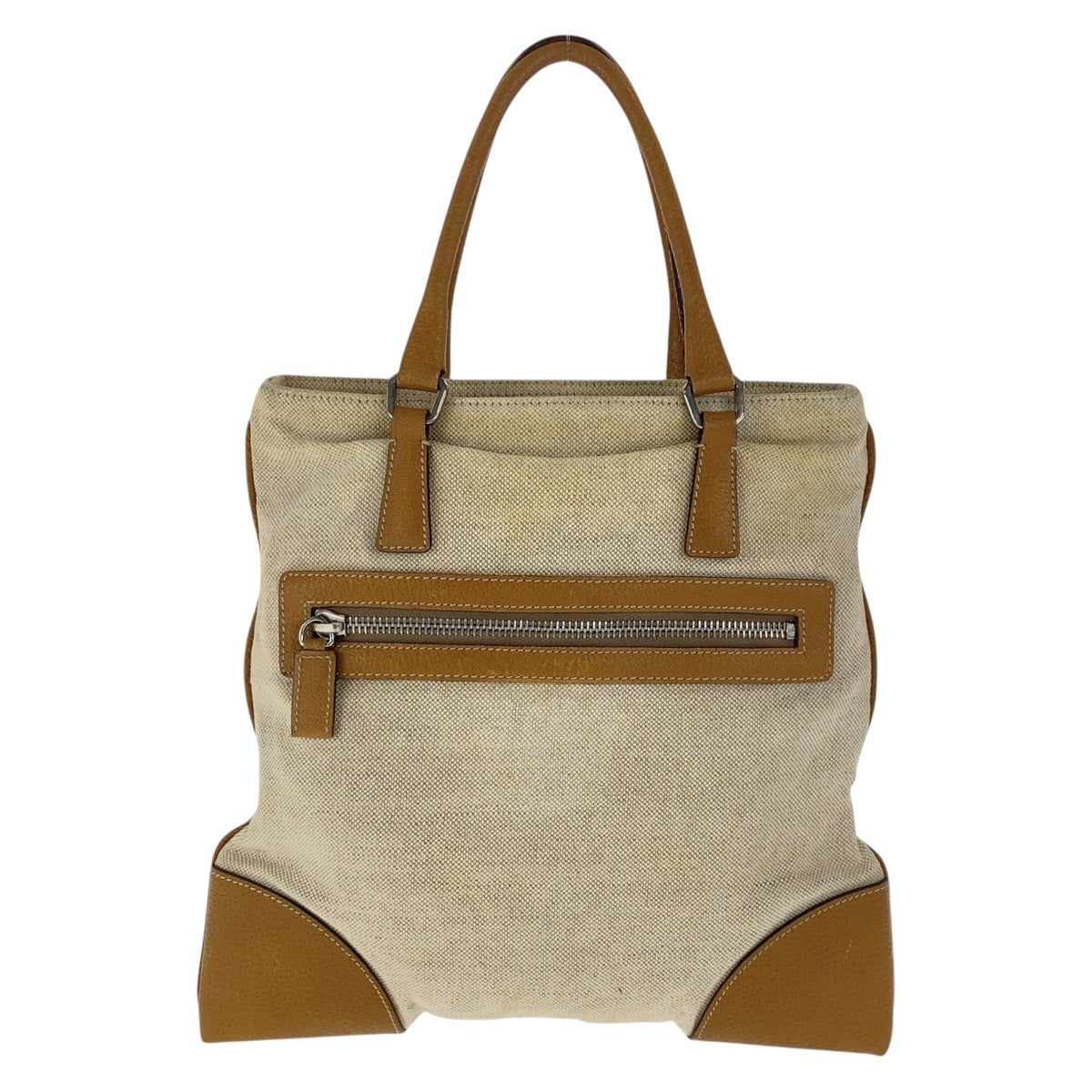 16634
PRADA プラダ 三角ロゴプレート ベージュ ブラウン シルバー金具 キャンバス / レザー ハンドバッグ トートバッグ  レディース