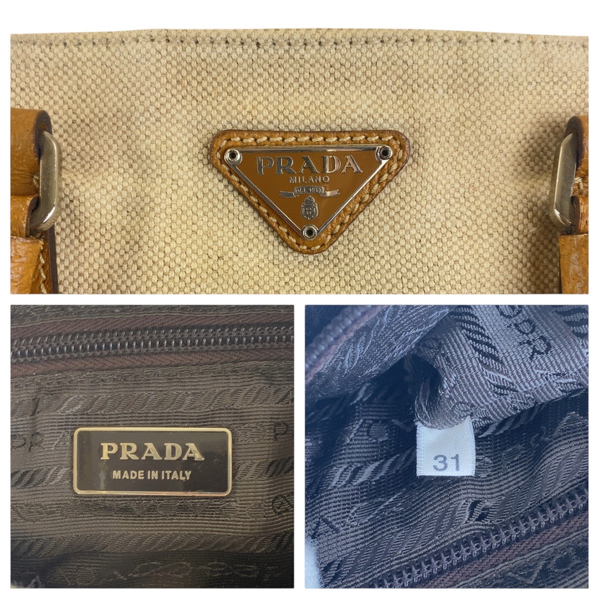 16634
PRADA プラダ 三角ロゴプレート ベージュ ブラウン シルバー金具 キャンバス / レザー ハンドバッグ トートバッグ  レディース