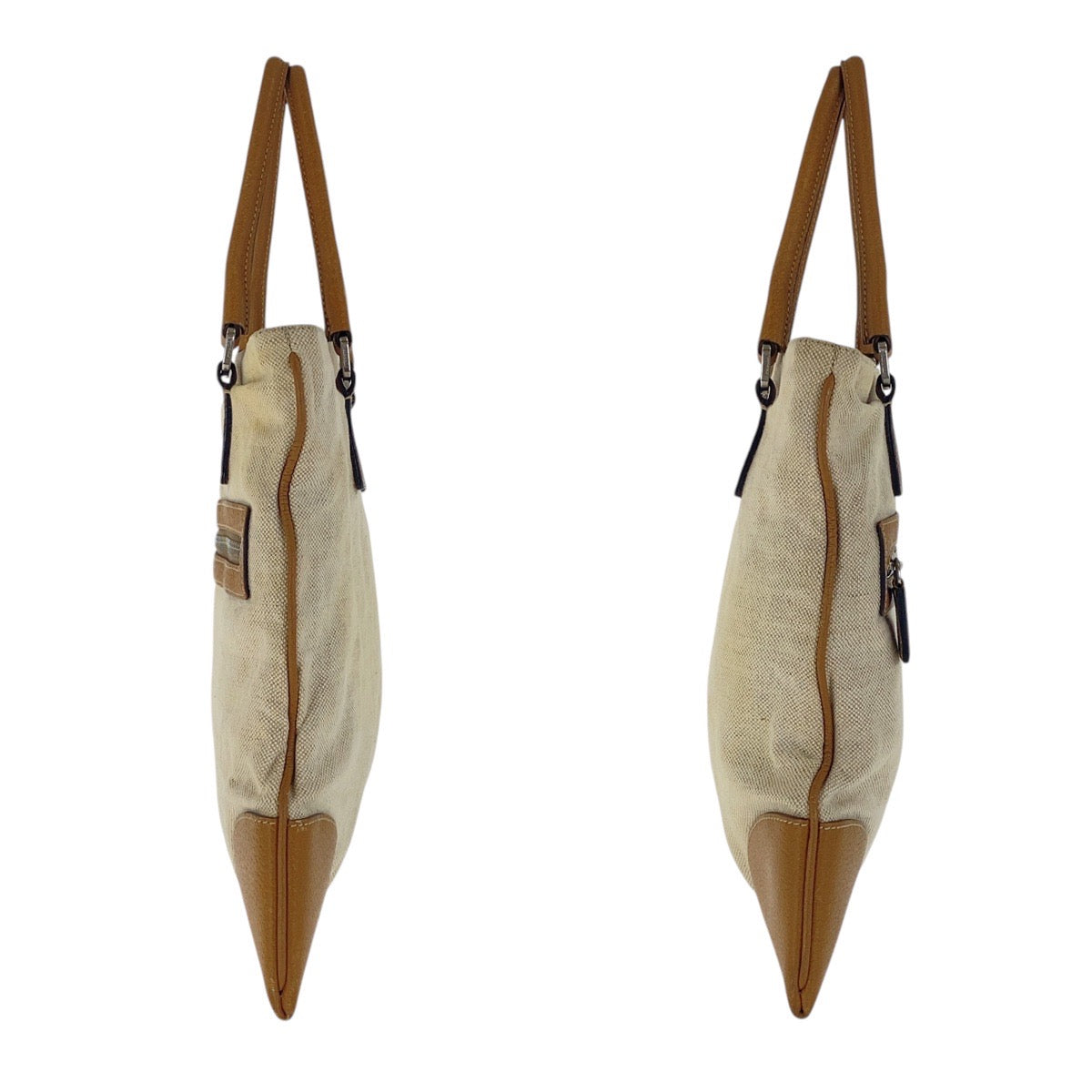 16634
PRADA プラダ 三角ロゴプレート ベージュ ブラウン シルバー金具 キャンバス / レザー ハンドバッグ トートバッグ  レディース