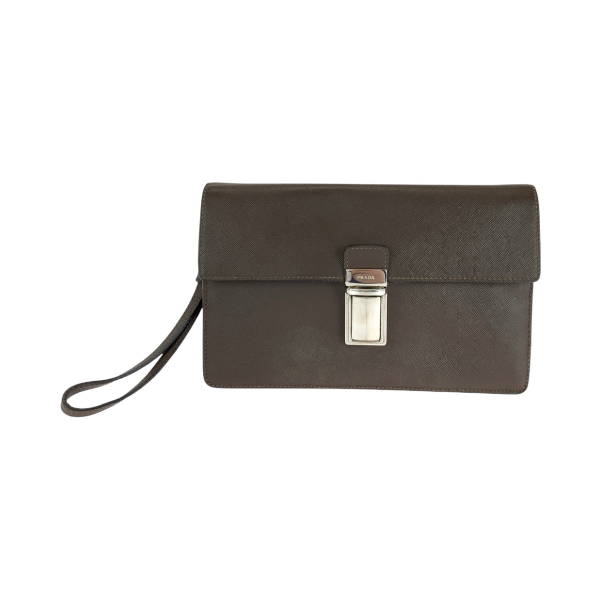 16639
PRADA プラダ サフィアーノ 三角ロゴプレート ブラウン シルバー金具 レザー クラッチバッグ セカンドバッグ  メンズ ABP40