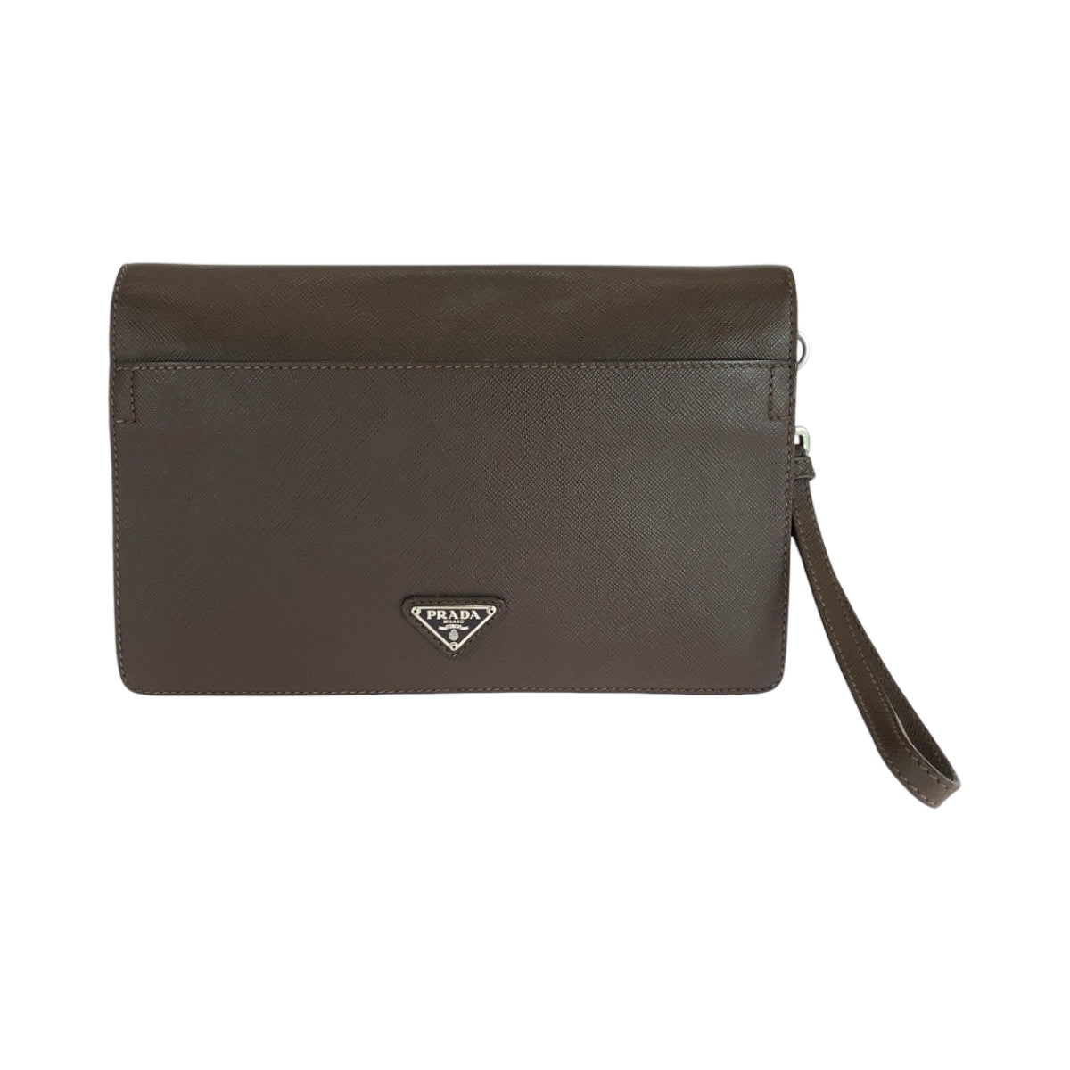 16639
PRADA プラダ サフィアーノ 三角ロゴプレート ブラウン シルバー金具 レザー クラッチバッグ セカンドバッグ  メンズ ABP40
