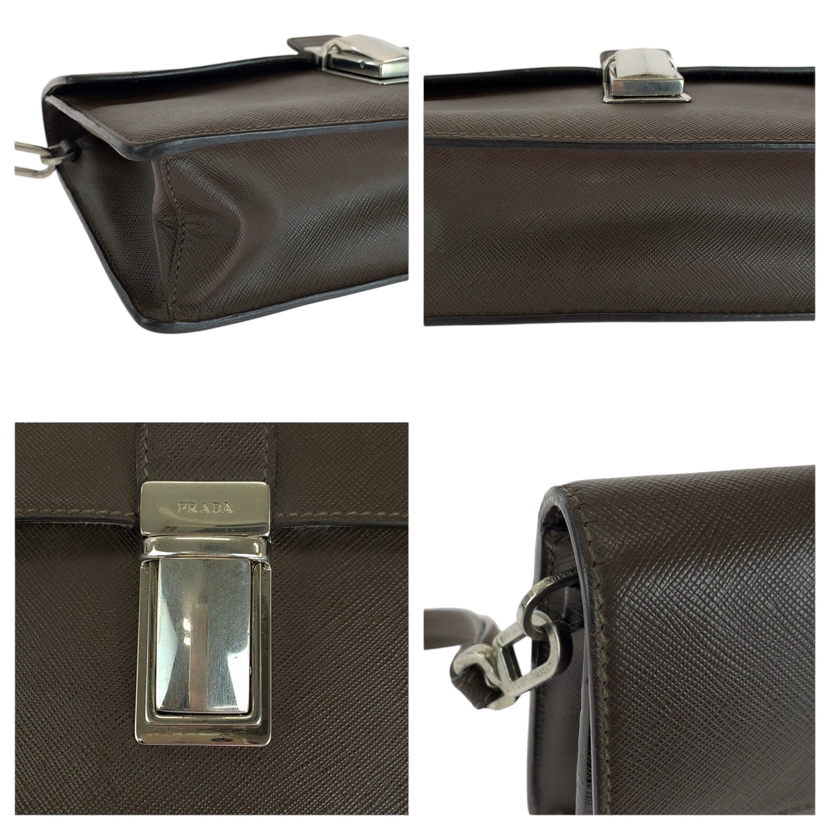 16639
PRADA プラダ サフィアーノ 三角ロゴプレート ブラウン シルバー金具 レザー クラッチバッグ セカンドバッグ  メンズ ABP40