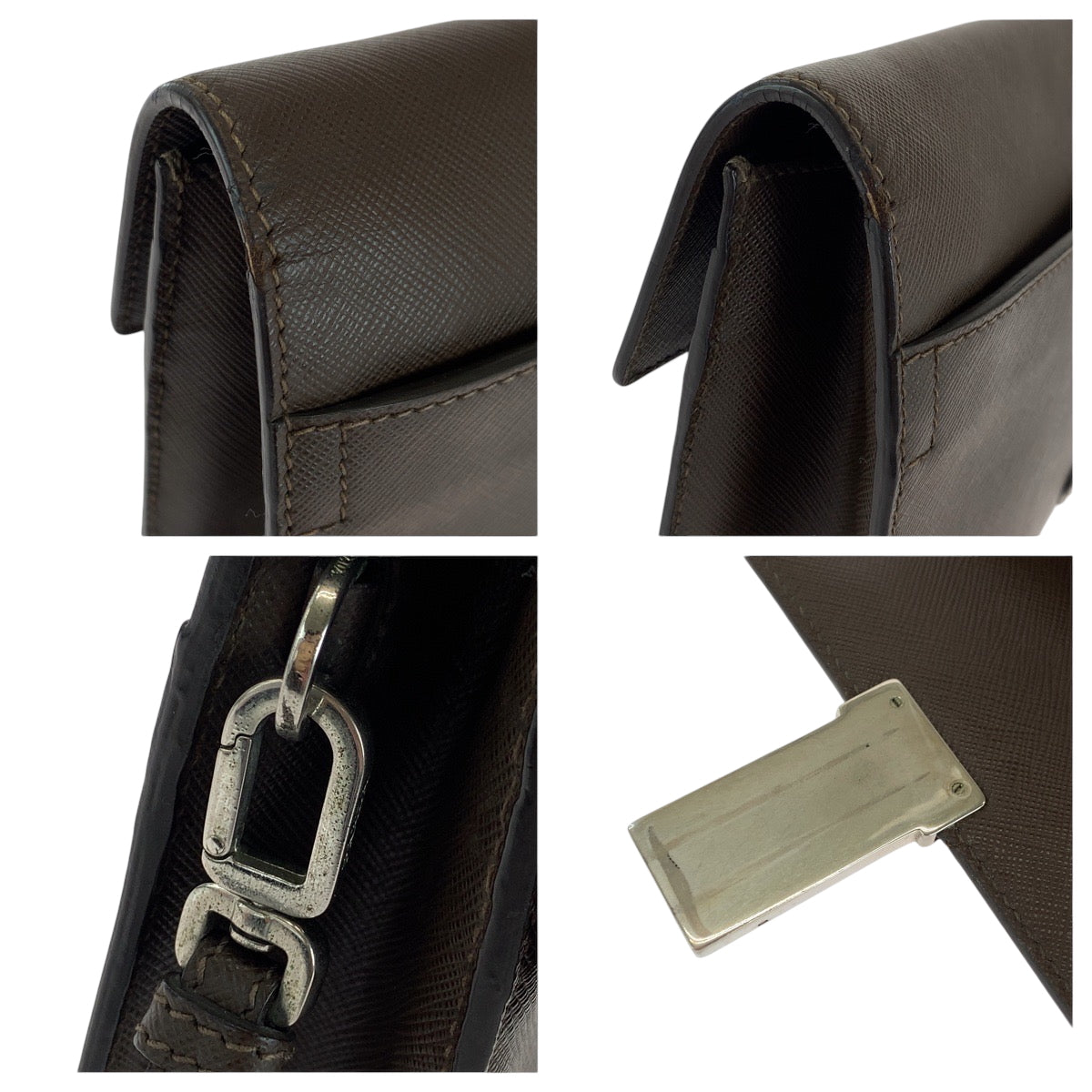 16639
PRADA プラダ サフィアーノ 三角ロゴプレート ブラウン シルバー金具 レザー クラッチバッグ セカンドバッグ  メンズ ABP40
