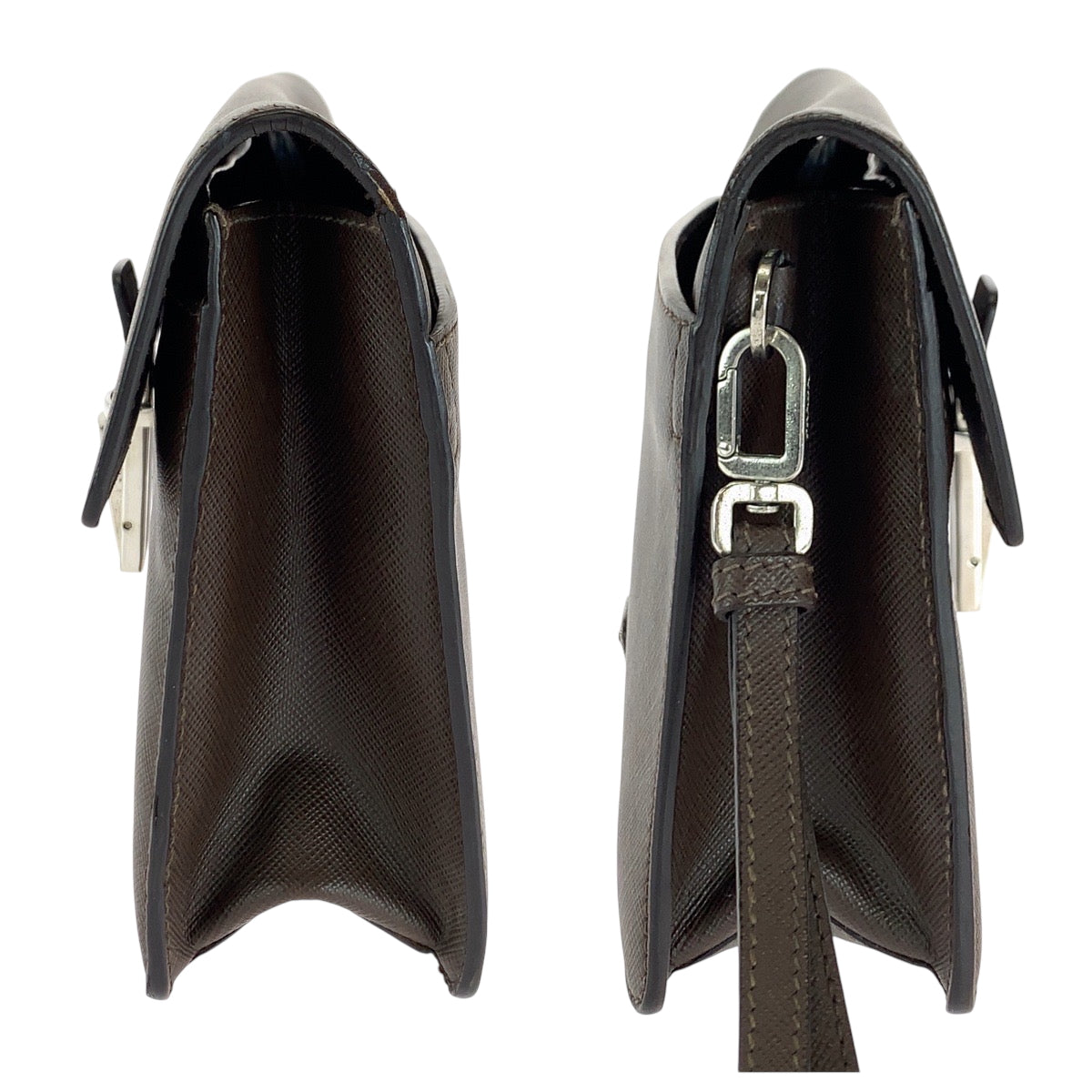 16639
PRADA プラダ サフィアーノ 三角ロゴプレート ブラウン シルバー金具 レザー クラッチバッグ セカンドバッグ  メンズ ABP40
