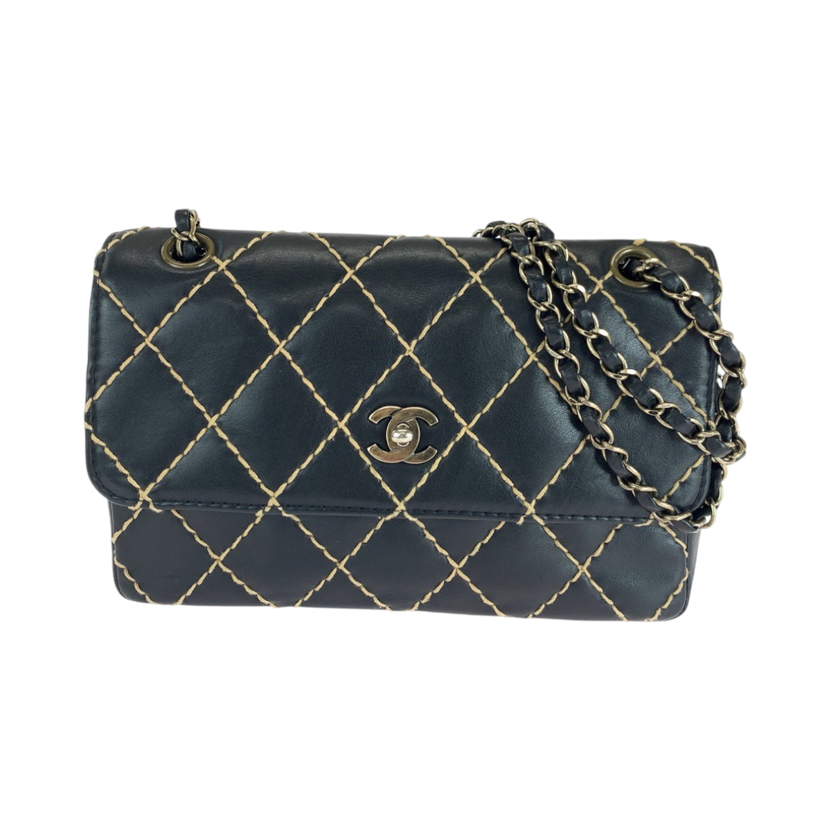 16648
CHANEL シャネル ヴィンテージ ワイルドステッチ ココマーク ターンロック ブラック 黒 ゴールド金具 ラムスキン チェーンショルダーバッグ  レディース A420