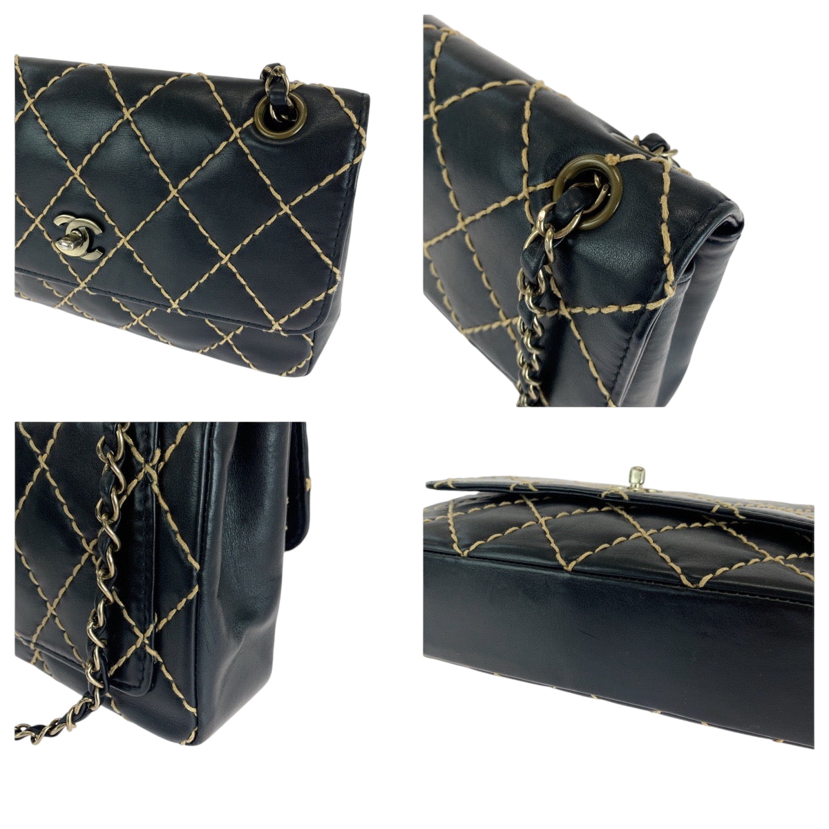 16648
CHANEL シャネル ヴィンテージ ワイルドステッチ ココマーク ターンロック ブラック 黒 ゴールド金具 ラムスキン チェーンショルダーバッグ  レディース A420