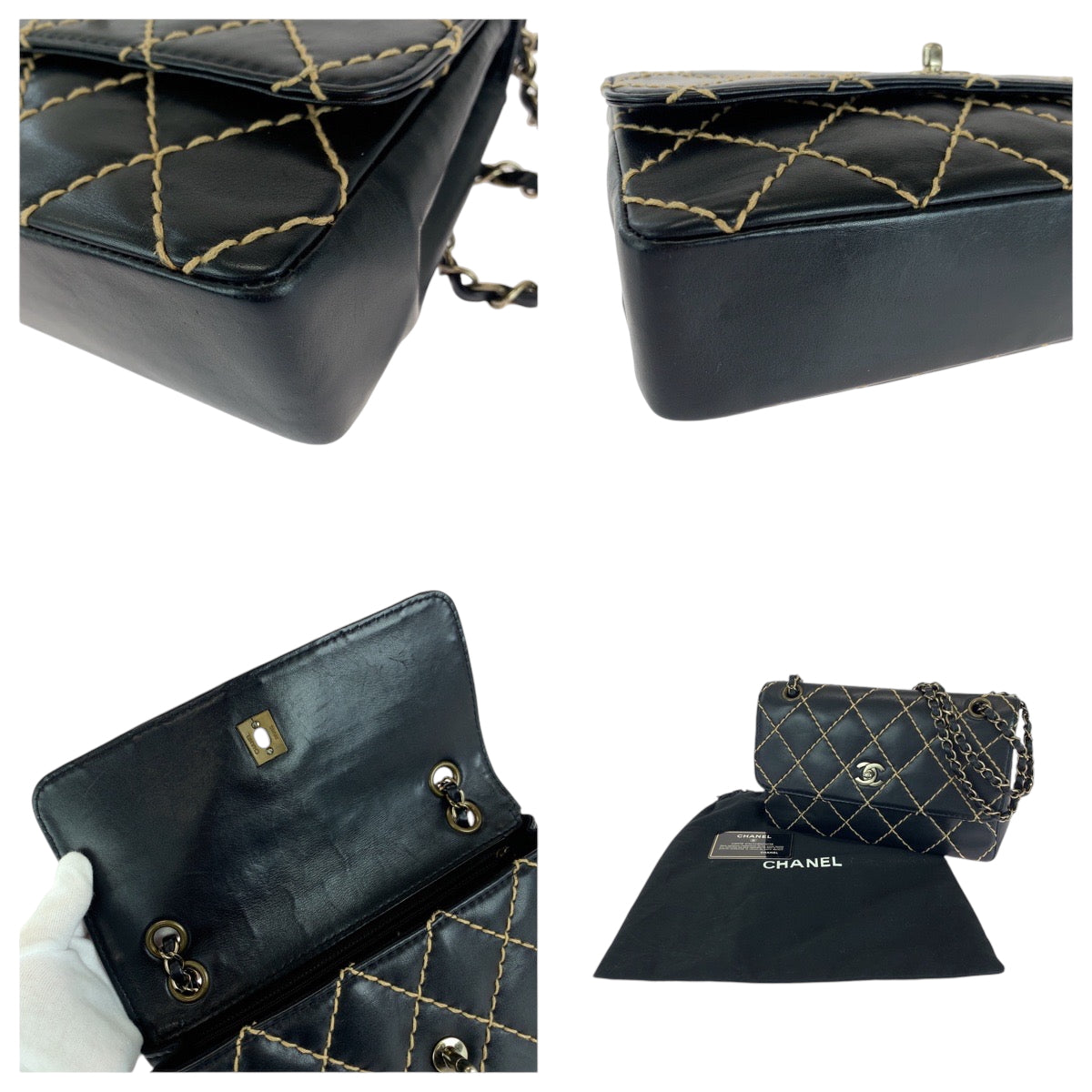 16648
CHANEL シャネル ヴィンテージ ワイルドステッチ ココマーク ターンロック ブラック 黒 ゴールド金具 ラムスキン チェーンショルダーバッグ  レディース A420