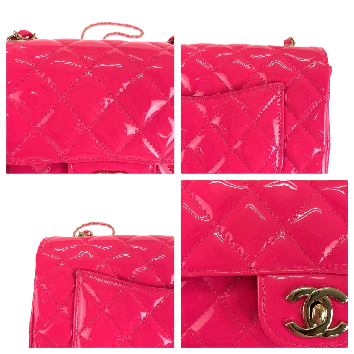 16653
CHANEL シャネル マトラッセ シングルフラップ ココマーク ターンロック ピンク ゴールド金具 パテントレザー A69900 チェーンショルダーバッグ レディース A458