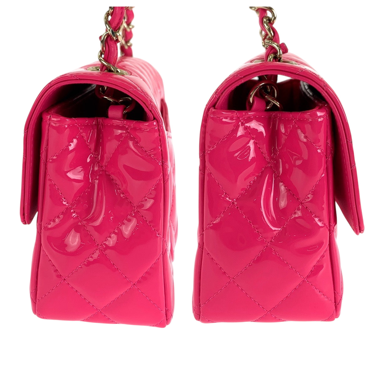 16653
CHANEL シャネル マトラッセ シングルフラップ ココマーク ターンロック ピンク ゴールド金具 パテントレザー A69900 チェーンショルダーバッグ レディース A458