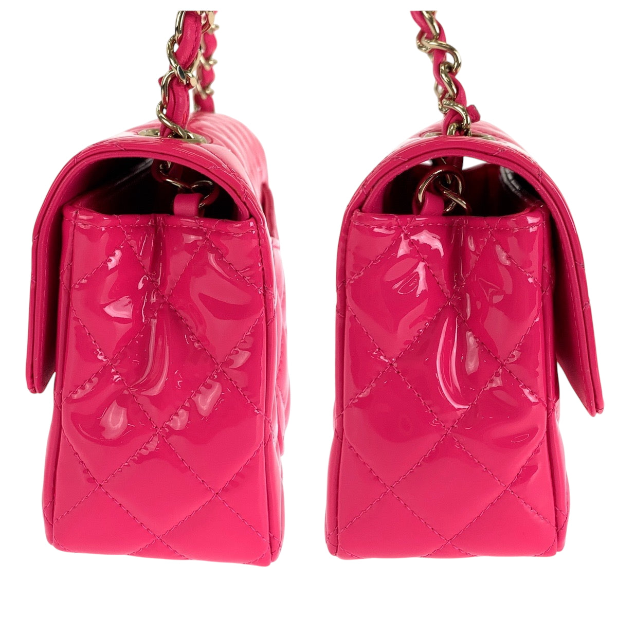 16653
CHANEL シャネル マトラッセ シングルフラップ ココマーク ターンロック ピンク ゴールド金具 パテントレザー A69900 チェーンショルダーバッグ レディース A458