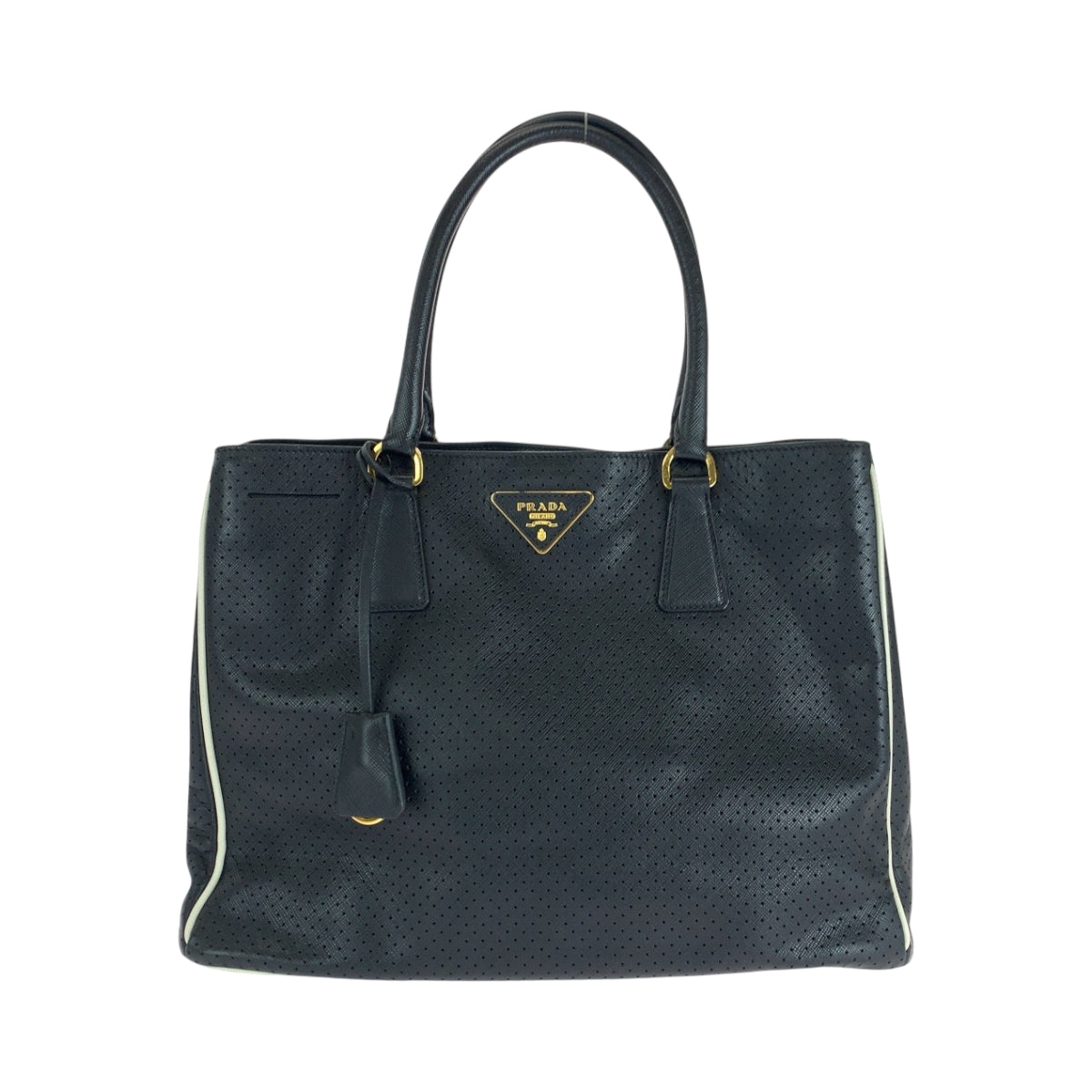 16656
PRADA プラダ サフィアーノ パンチング 三角ロゴプレート ブラック 黒 ホワイト ゴールド金具 レザー BN1875 トートバッグ ハンドバッグ レディース ABP50