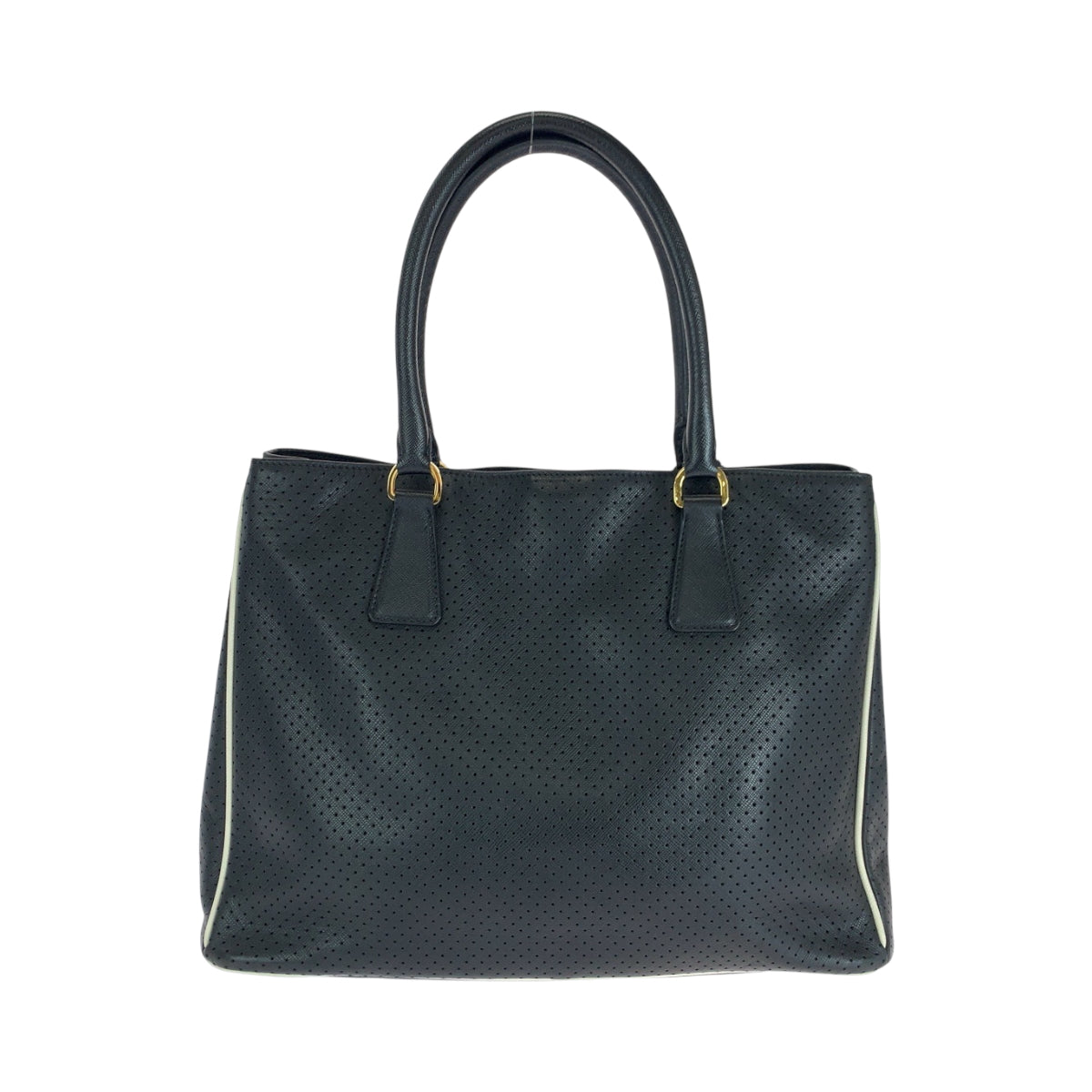 16656
PRADA プラダ サフィアーノ パンチング 三角ロゴプレート ブラック 黒 ホワイト ゴールド金具 レザー BN1875 トートバッグ ハンドバッグ レディース ABP50
