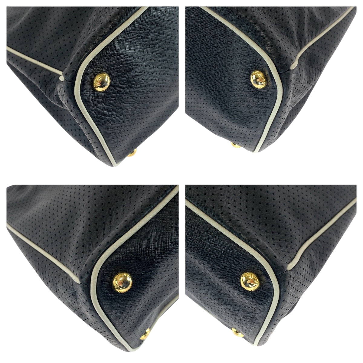 16656
PRADA プラダ サフィアーノ パンチング 三角ロゴプレート ブラック 黒 ホワイト ゴールド金具 レザー BN1875 トートバッグ ハンドバッグ レディース ABP50