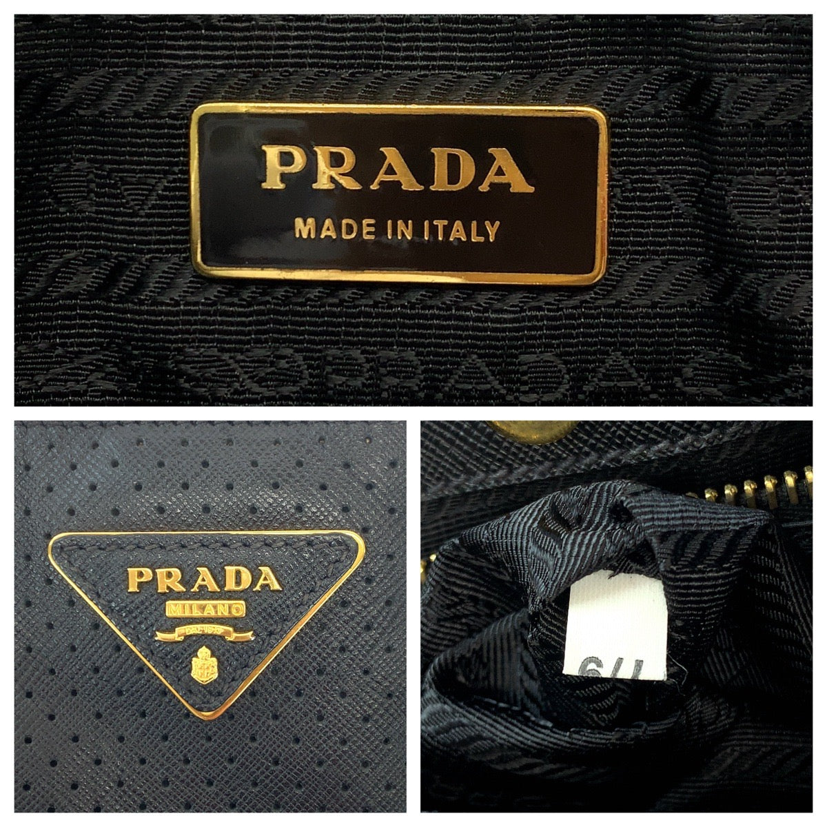 16656
PRADA プラダ サフィアーノ パンチング 三角ロゴプレート ブラック 黒 ホワイト ゴールド金具 レザー BN1875 トートバッグ ハンドバッグ レディース ABP50