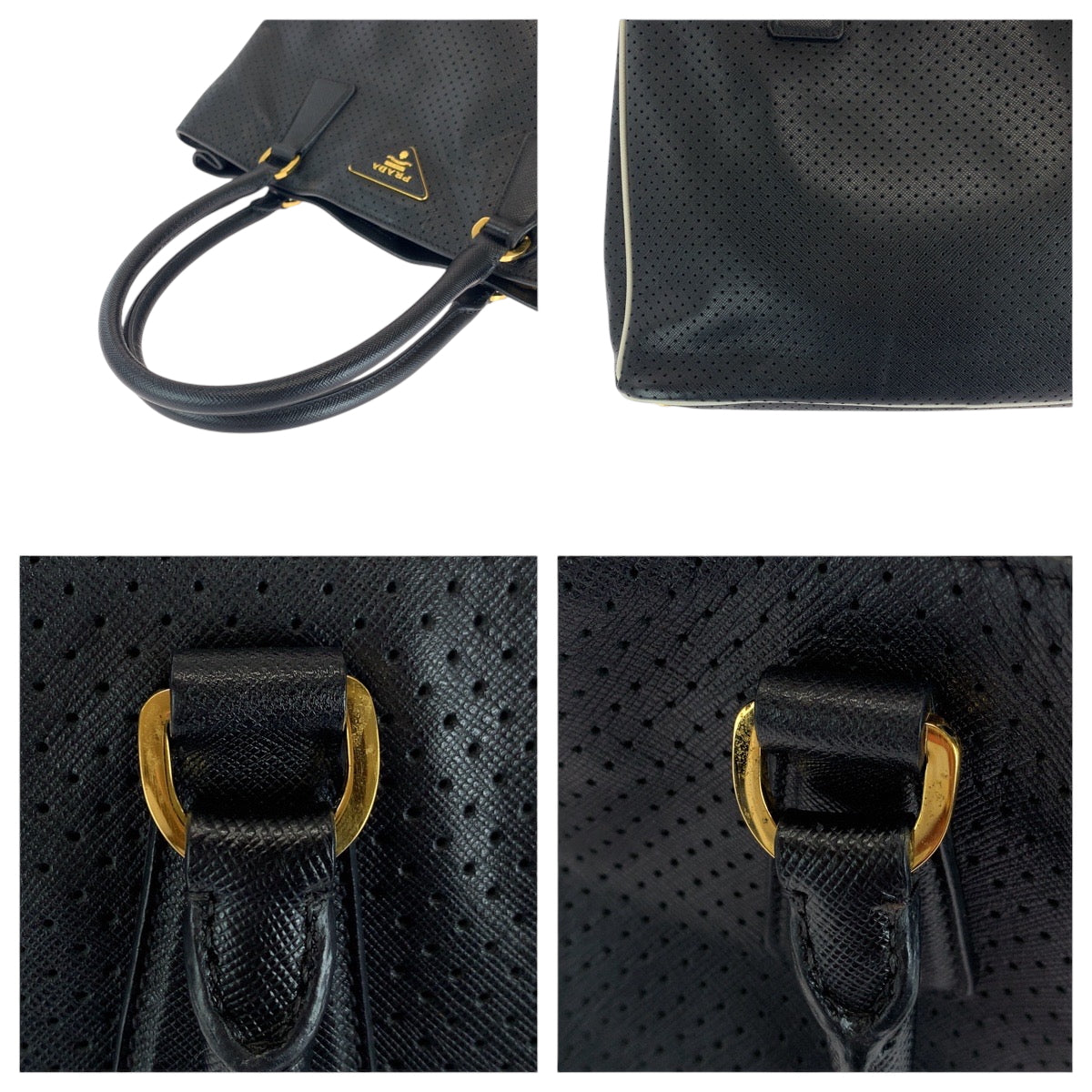 16656
PRADA プラダ サフィアーノ パンチング 三角ロゴプレート ブラック 黒 ホワイト ゴールド金具 レザー BN1875 トートバッグ ハンドバッグ レディース ABP50