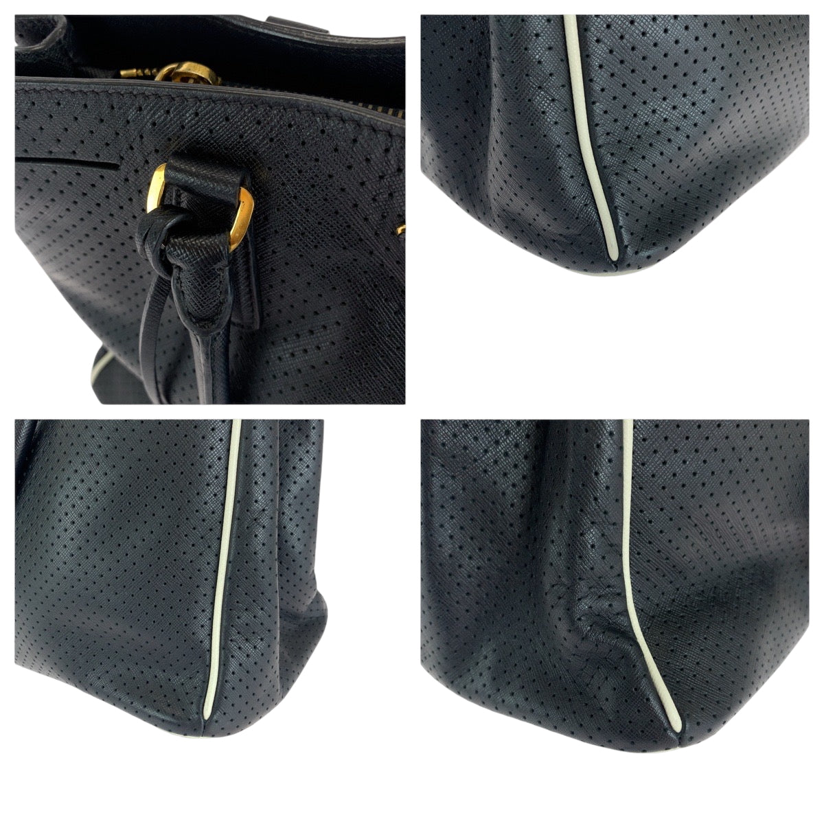 16656
PRADA プラダ サフィアーノ パンチング 三角ロゴプレート ブラック 黒 ホワイト ゴールド金具 レザー BN1875 トートバッグ ハンドバッグ レディース ABP50