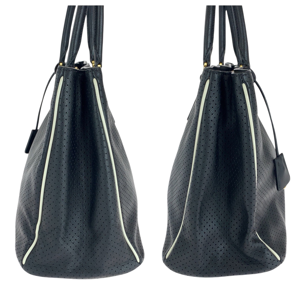 16656
PRADA プラダ サフィアーノ パンチング 三角ロゴプレート ブラック 黒 ホワイト ゴールド金具 レザー BN1875 トートバッグ ハンドバッグ レディース ABP50