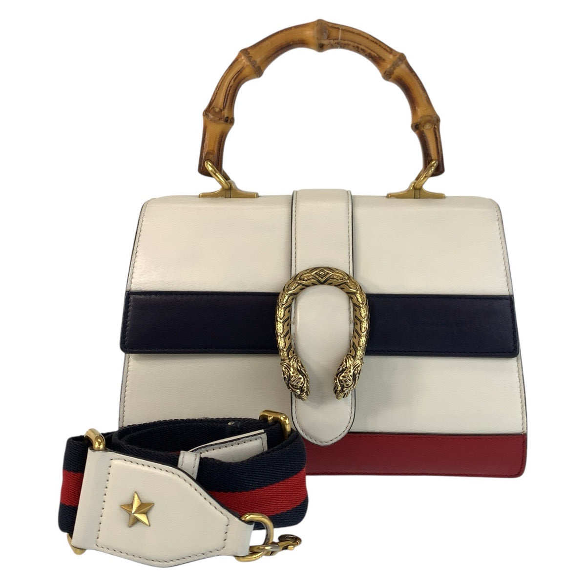 16676
GUCCI グッチ デュオニソス バンブー ホワイト ネイビー レッド ゴールド金具 レザー 448075 ハンドバッグ ショルダーバッグ 2way レディース AB71